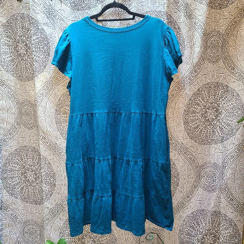 Time and Tru Tiered Dress Women XXL 20 Teal Flutter Sleeve Pockets 100% Cotton - Picture 7 of 9